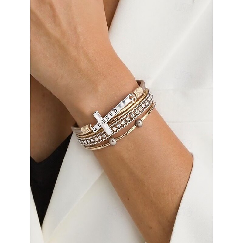Women's Multi-Layer Rhinestone Cross Bracelet – Inspirational “Blessed” PU Leather Wrap Bangle for Casual, Church and Special Occasions3
