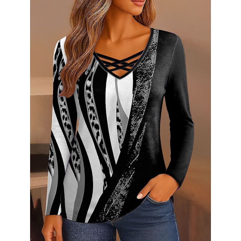 Women's T Shirt Graphic Leopard Geometric Vintage Stylish Classic Long Sleeve V Neck Regular Tops Daily Cut Out Print Yellow Blue Purple Green Gray Spring Fall4