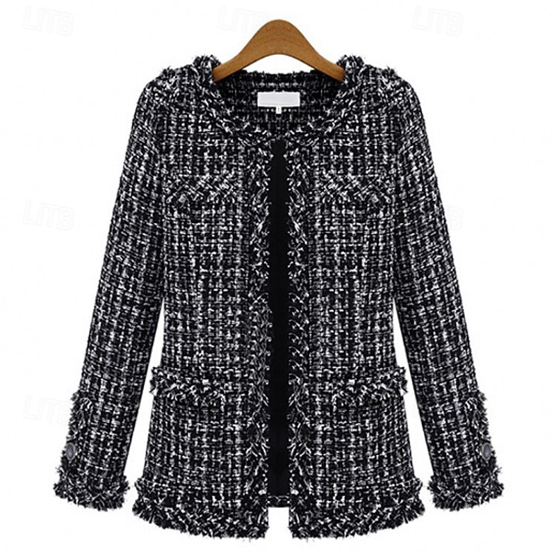 Women's Winter Coat Warm Comfortable Pocket Buttons Fashion Houndstooth Outdoor Holiday Going out Single Breasted Regular Crewneck Regular Fit Long Sleeve Outerwear Black Fall Winter