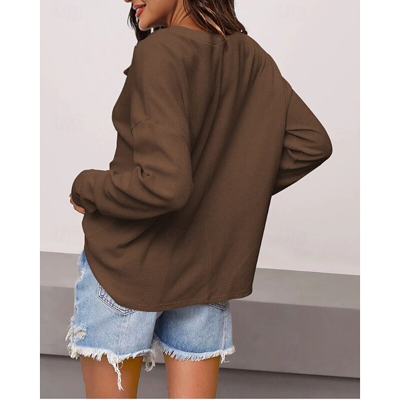 Women's Texture Sweatshirt Blouse Plain Modern Casual Long Sleeve V Neck Regular Tops Daily Going out Black White Pink Brown Green Fall3