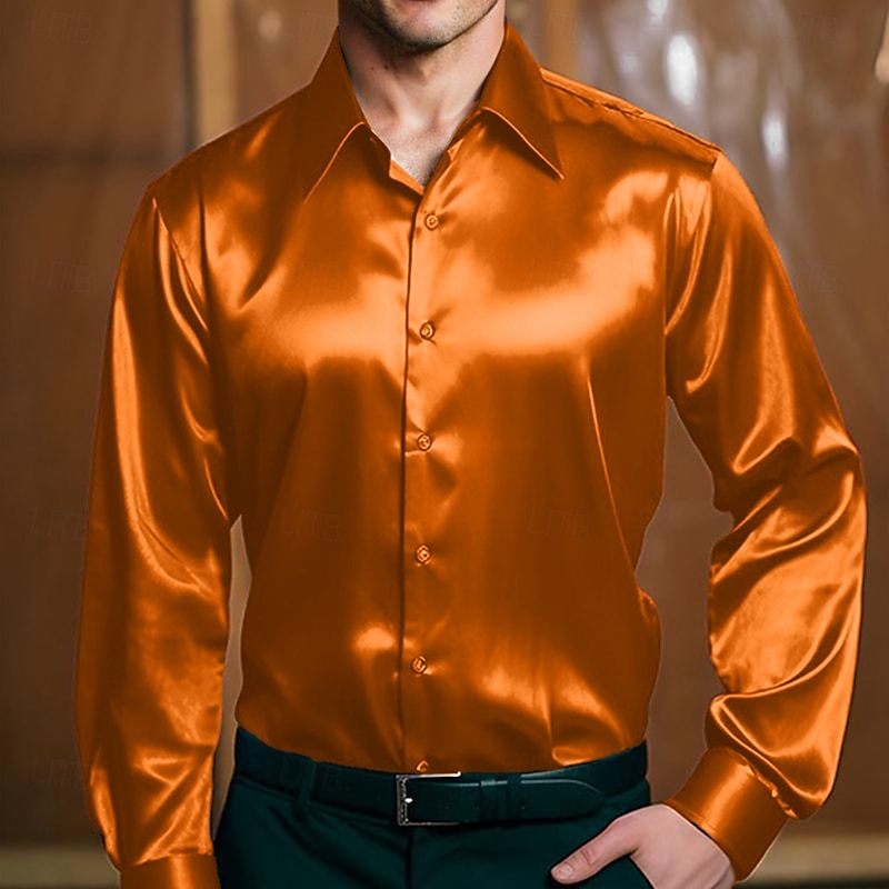 Men's Shirt Silk Like Satin Shirt Dress Shirt Casual Shirt Button Up Shirt Plain Formal Business Black White Yellow Red Long Sleeve Lapel Spring &  Fall All Seasons Clothing Apparel2