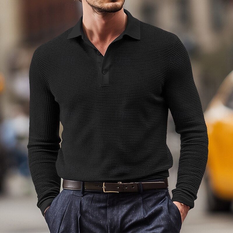 Men's Waffle Polo Shirts Golf Shirt Street Casual Lapel Long Sleeve Basic Modern Plain Textured Buttons Spring Fall All Seasons Regular Fit White Black Yellow Red Blue Gray Waffle Polo Shirts2