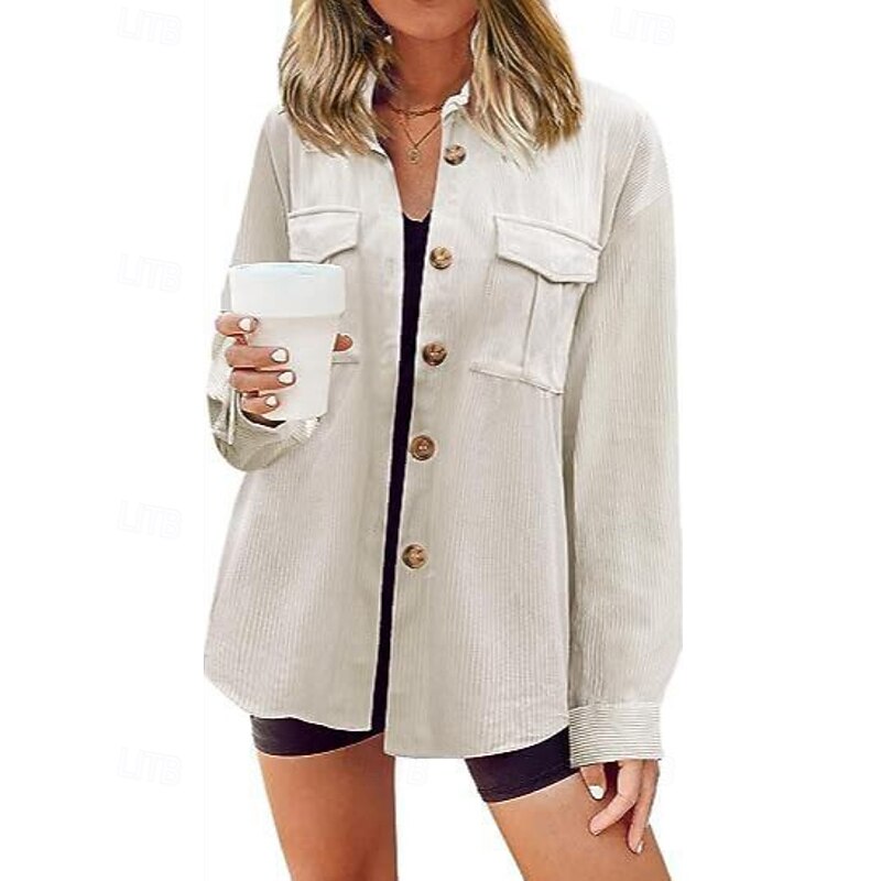 Women's Shirt Jacket Shacket Comfortable Pocket Buttons Casual Plain Holiday Going out Weekend Single Breasted Regular Turndown Regular Fit Long Sleeve Outerwear Brown Army Green Dark Gray Fall Winter4