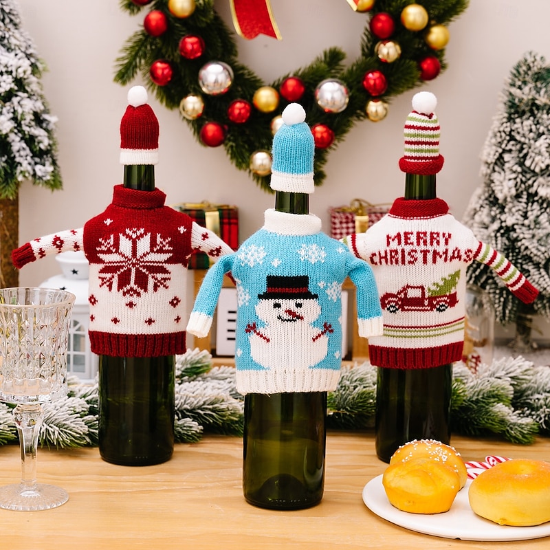 Christmas Wine Bottle Covers, Knitted Sweater Santa Snowman Wine Bottle Bags, Creative Holiday Table Decoration for Christmas Party, Kitchen, and Gift Wrapping4