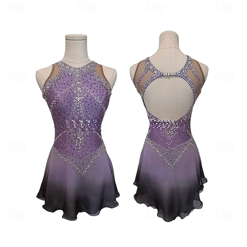 Figure Skating Dress Women's Girls' Ice Skating Dress Light Purple Patchwork Open Back Mesh Spandex High Elasticity Training Competition Skating Wear Classic Crystal / Rhinestone Sleeveless Ice