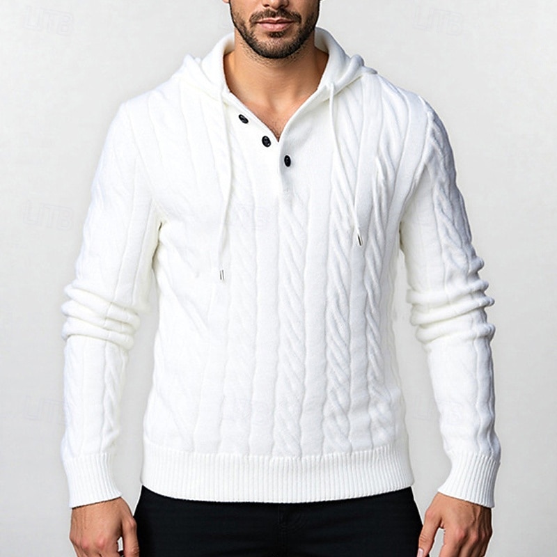 Men's Pullover Sweater Jumper Knit Sweater Ribbed Knit Regular Tops Buttons Knitted Plain Hooded Fashion Basic Vacation Daily Wear Clothing Apparel Fall Winter White M L XL