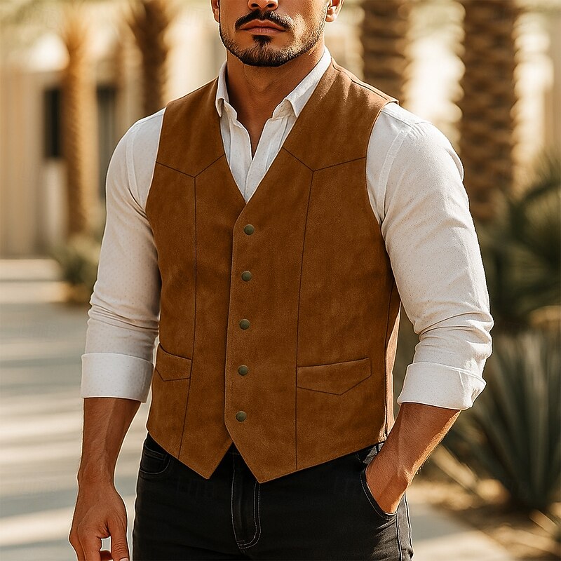 Men's Faux Suede Vest Western Vest Waistcoat Formal Wedding Vacation Business Fashion Cowboy Spring Fall Pocket Classic Buttons 100%Polyester Faux Suede Comfortable Plain Single Breasted V Neck Slim
