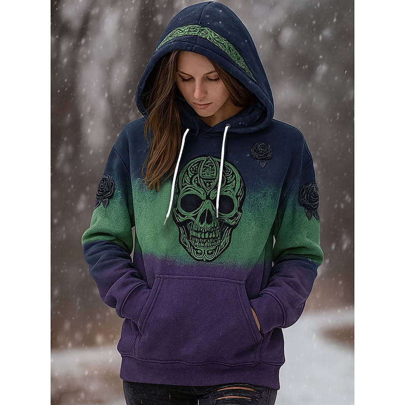 Halloween Women's Pullover Hoodie Sweatshirt Skulls Graphic Casual Long Sleeve Hooded Regular Tops Party Evening Wear Street Dailywear Blue Purple Brown Green Gray Spring Fall Winter