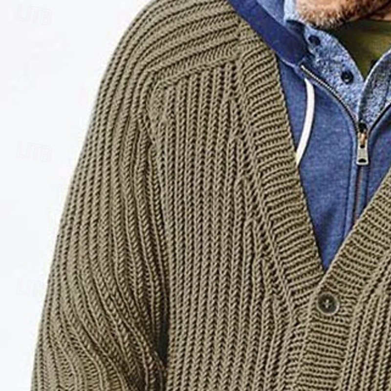 Men's Sweater Cardigan Sweater Ribbed Knit Regular Tops Knitted Plain V Neck Vacation Fashion Casual Daily Wear Clothing Apparel Spring &  Fall khaki M L XL2