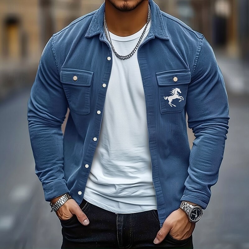 Men's Animal Horse Corduroy Shirt Shirt Jacket Overshirt Long Sleeve Casual Outdoor Dailywear Fall Winter Turndown Button-Down Warm Jacket with Flap Pockets Black Blue Green Khaki Gray