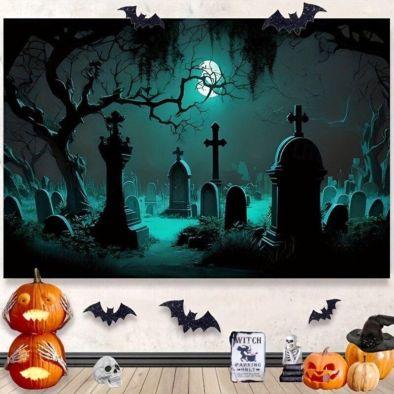 Haunted Graveyard Tapestry – Spooky Forest Cemetery Wall Hanging with Moonlight and Mist, Gothic Halloween Wall Decoration for Bedroom or Party Room2