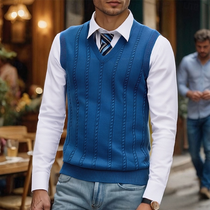 Men's Sweater Vest Dress Sweater Pullover Sweater Jumper Vest Knit Sweater Ribbed Knit Regular Tops Knitted V Neck Daily Wear Date Clothing Apparel Fall Winter Blue Green S M L