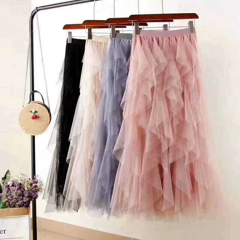 Women's Skirt Swing Gauze Skirts Fashion Casual Maxi Mid Rise Skirts Solid Colored Irregular Hem Micro-elastic Vacation Street Apricot Black White Pink Spring Polyester2