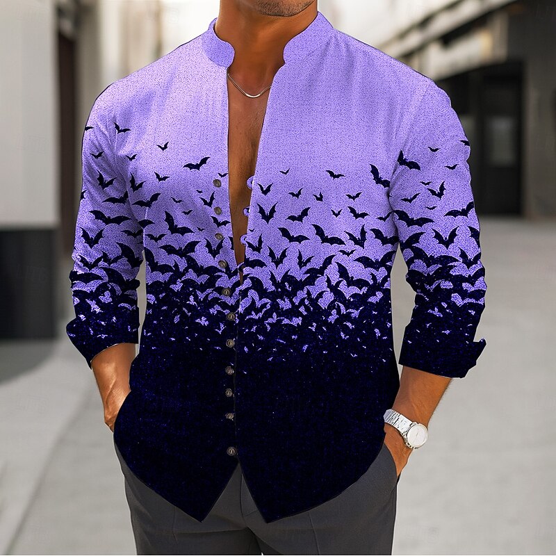 Halloween Men's Bat Halloween Costumes Shirt Stand Collar Shirt Long Sleeve Dark Gothic Style Outdoor Holiday Spring Fall Mandarin Collar Band Collar Button-Down Linen Like Shirt White Purple Orange4