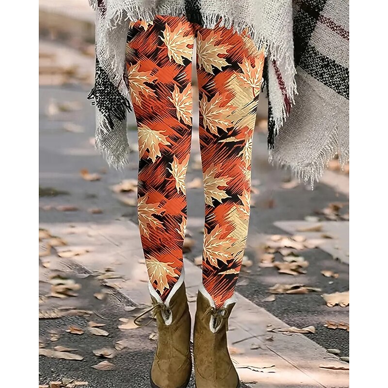 Women's Pants Trousers Leggings Cozy Leggings Streetwear Casual Full Length High Waist Leaf Elastic Waist Print Breathability Comfortable Stretchy Vacation Street Daily Wear Orange Summer Spring Fall