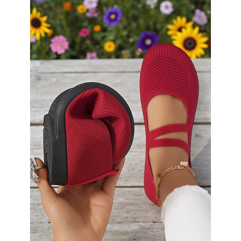 Women's Wide Width Red Flyknit Mary Jane Flats – Breathable Round-Toe Comfort Shoes for Christmas , Garden and Travel2