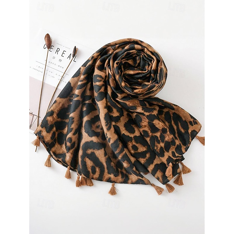 Women's Leopard Print Tassel Scarf – Soft Lightweight Oversized Wrap/Shawl with Fringe, Chic Boho Style for Fall/Winter, Casual Outfits, Office, Travel & Gift Giving4