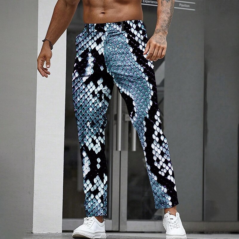 Men's Optical Illusion Snakeskin Dress Pants Trousers Suit Pants Mid Waist Casual Outdoor Straight Leg Pants with Pockets Spring Fall 3D Print Blue Green Gray2