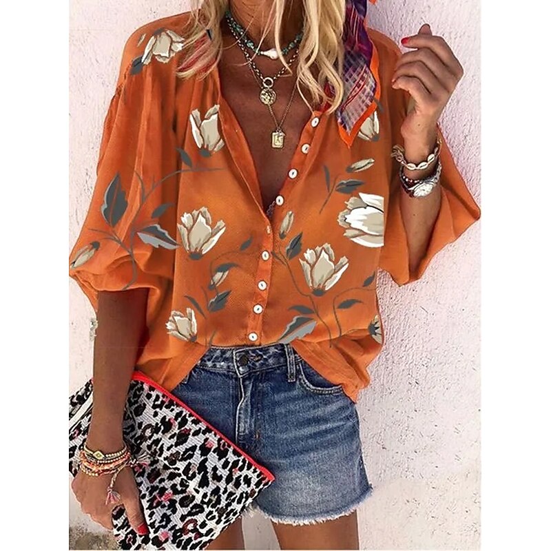 Women's Blouse Floral Graphic Bohemia Daily Casual Sleeveless 3/4 Length Sleeve High Neck Regular Tops Buttons Print Black White Red Blue Orange Summer Spring4