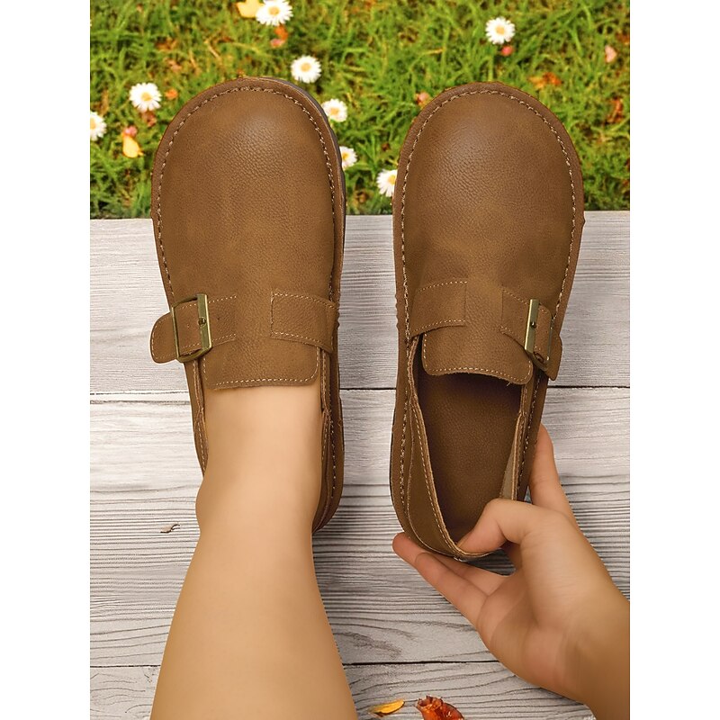 Women's Faux Leather Wide Fit Moccasin Loafers – Comfortable Slip-On Flats with Buckle Strap for Casual Wear & Outdoor Walking