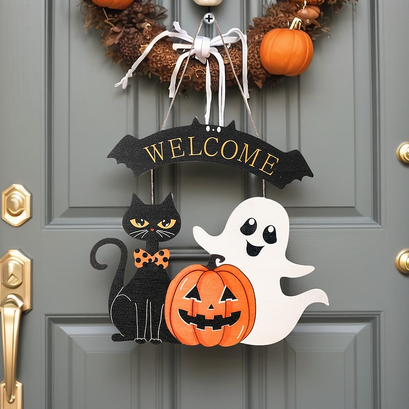 Halloween Party Wooden Welcome Ghost Cat Hanging Sign Black Cat Pumpkin Colorful Cartoon Printed Holiday Decoration Wall Ornament for Halloween Party4