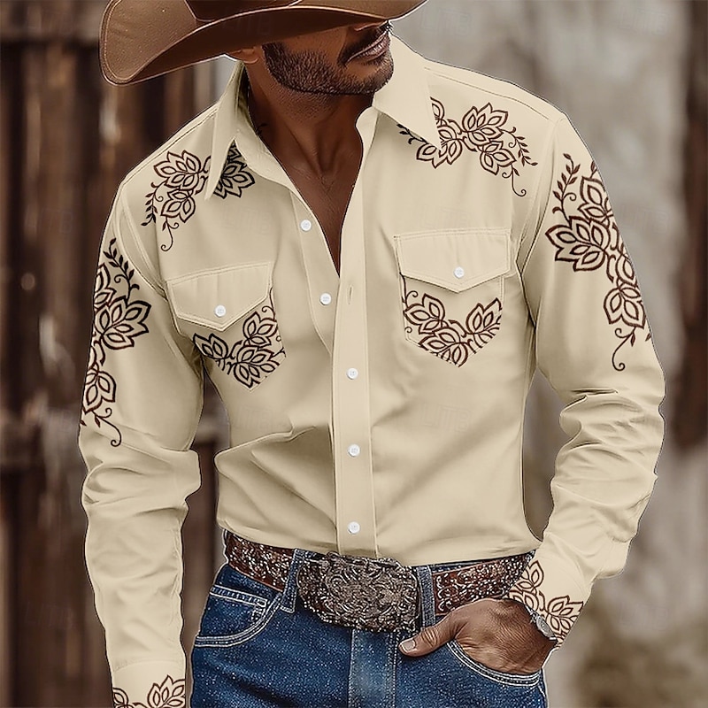 Men's Floral Print Ethnic Flowers Shirt Western Shirt Cowboy Shirt Long Sleeve Vintage Retro Outdoor Casual WorkWear Summer Spring Fall Turndown Front Two Pockets Button Up Shirts Khaki Gray