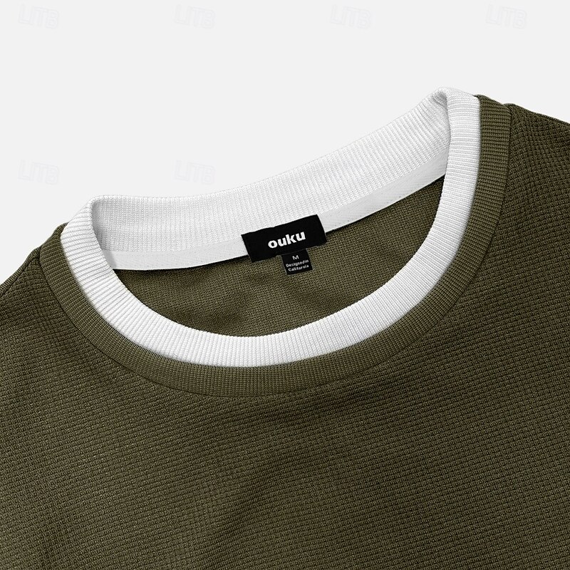 Men's Waffle T-shirt Pullover Sweatshirt Tee Top Long Sleeve Shirt Long Sleeve Crew Neck Fall Spring &  Fall Plain Fashion Designer Basic Fashion Fake two piece Vacation Street Casual Dark Brown Navy4