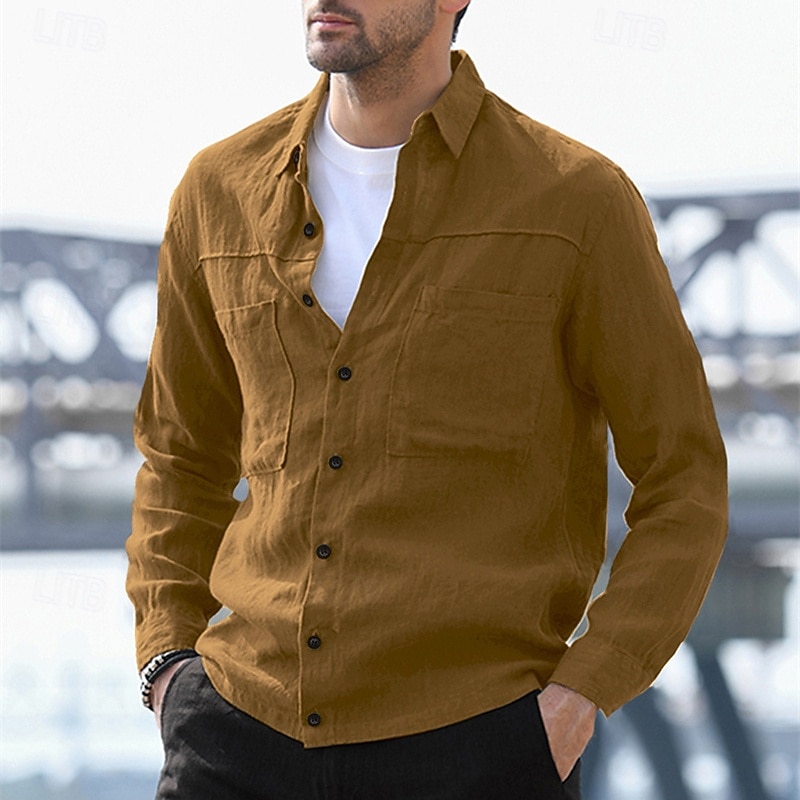 Men's Shirt Jacket Winter Jacket Plain Vacation Daily Wear Black Brown Army Green Gray Long Sleeve Lapel Spring Fall Clothing Apparel Pocket