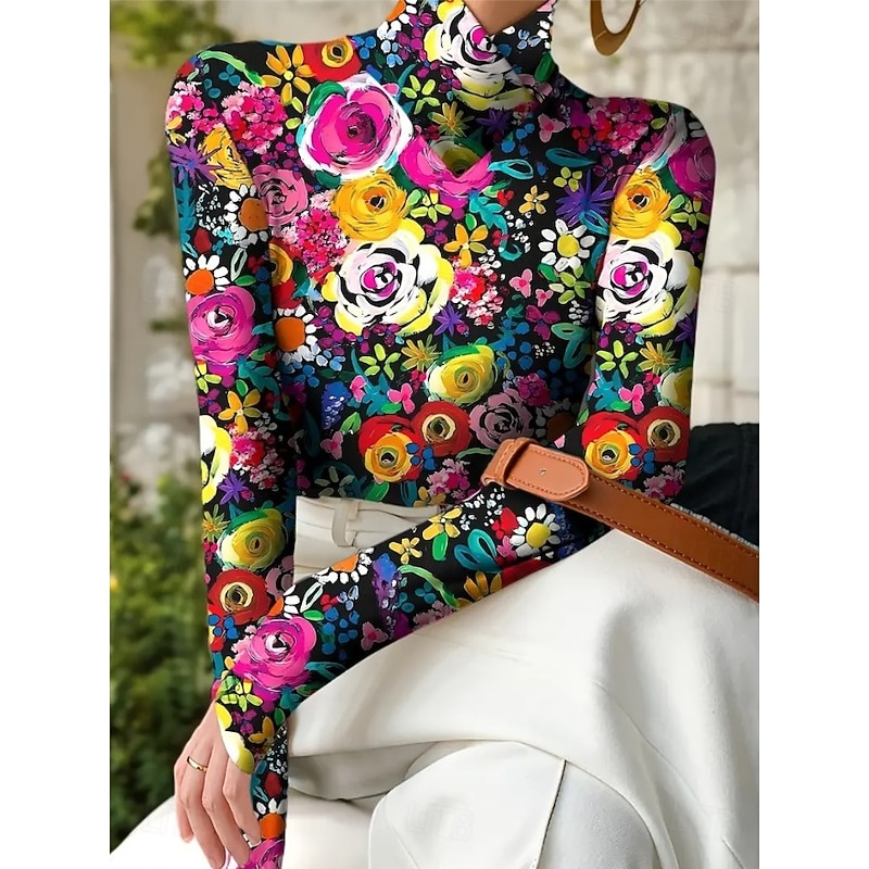 Women's Tunic Floral Graphic Plants Elegant Vintage Stylish Long Sleeve High Neck Asymmetric Neck Regular Tops Daily Black and White Fuchsia Orange Spring Fall Winter