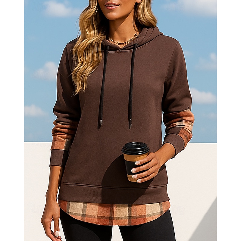 Women's Pullover Sweatshirt Hoodie Trackshirt Long Sleeve Top Athleisure Fall Plaid Checkered Fashion Workout Outdoor Training Sportswear Activewear Black Green Khaki3