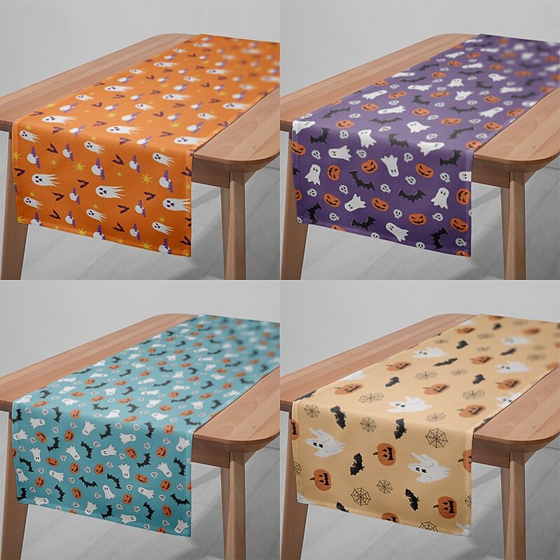 Halloween Table Runner and Rectangular Tablecloth, Printed Fabric Table Cover for Dining Room, Party, or Holiday Decoration