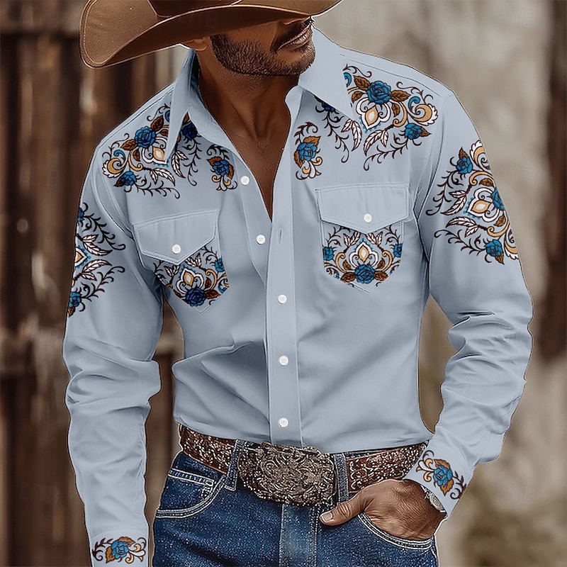 Men's Floral Print Ethnic Flowers Shirt Western Shirt Cowboy Shirt Long Sleeve Vintage Retro Outdoor Casual WorkWear Spring Fall Turndown Front Two Pockets Button Up Shirts Light Khaki Black Blue