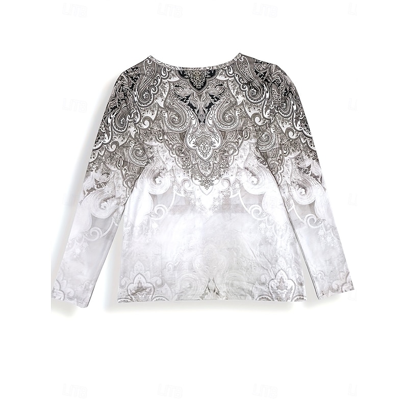 Women's T Shirt Graphic Plants Tribal Vintage Stylish Classic Long Sleeve V Neck Notched Neck Regular Tops Daily Weekend Print Light Grey Spring Fall Winter3