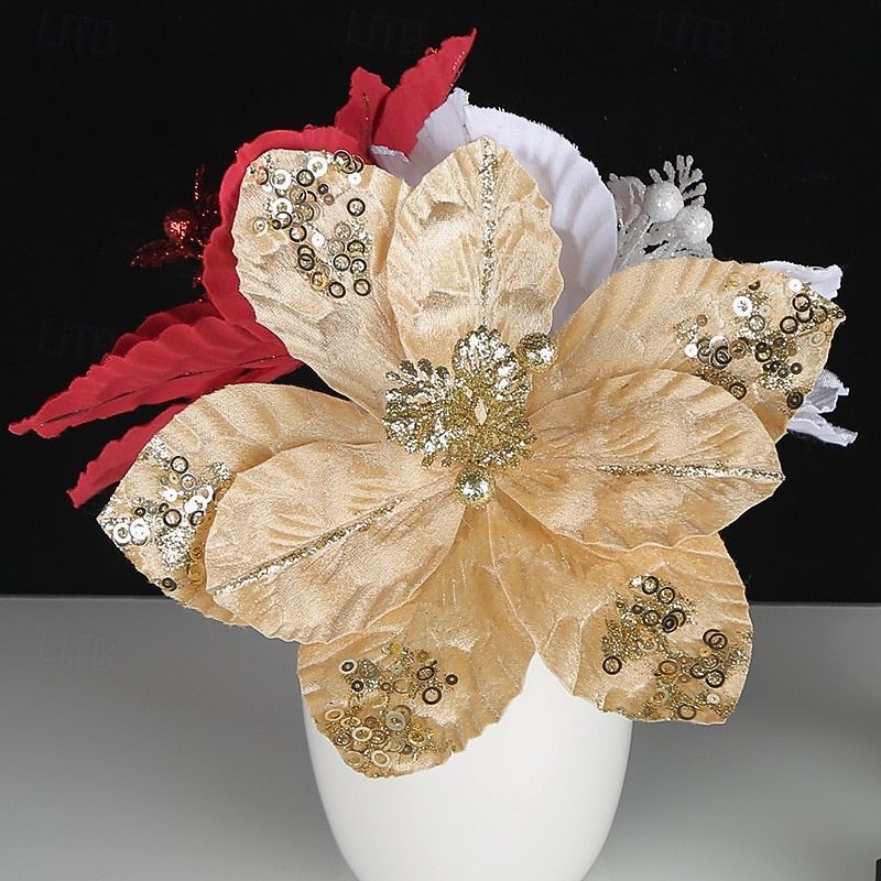 1pc Christmas Poinsettia Artificial Flower, New Glitter Sequin Holiday Decoration, Gold Faux Floral Hanging Ornament, Christmas Wreath Accessory2