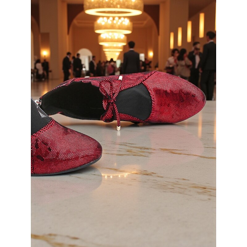 Women's Burgundy Vintage Dance Shoes - Gatsby-Inspired Lace-Up Heels with Mesh Panels for Professional Ballroom and 1920s Party Costumes4