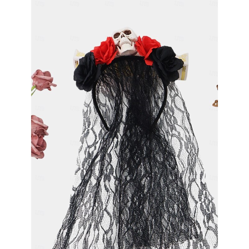 Women's Skull Headband with Red and Black Roses and Lace Veil, Gothic Halloween Costume Hair Accessory for Party3