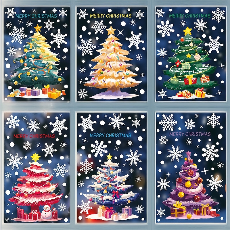 9 Sheets Christmas Window Cling Wall Sticker Decals Decorations, Christmas Trees, Snowmen & Snowflakes, Static Cling, Storefront & Home Glass Decor4