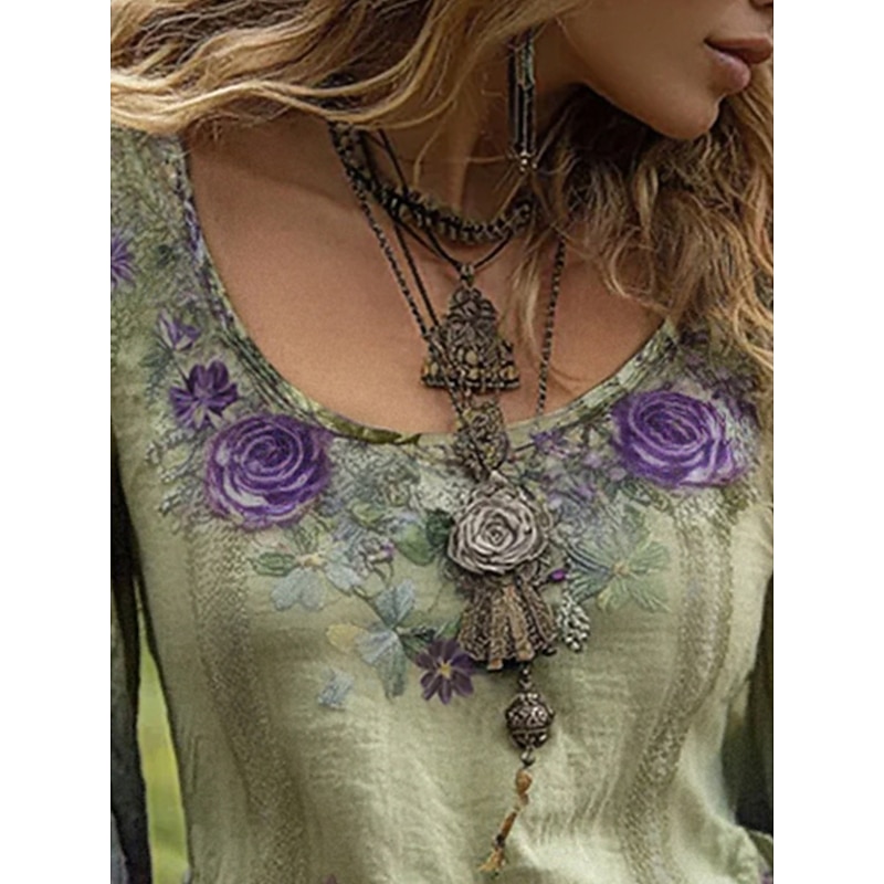 Women's Blouse Graphic Vintage Daily Casual Long Sleeve V Neck Regular Tops Tribal Vintage Designer Basic Print Vacation Street Going out Daily Holiday Print Green Summer Spring Fall2