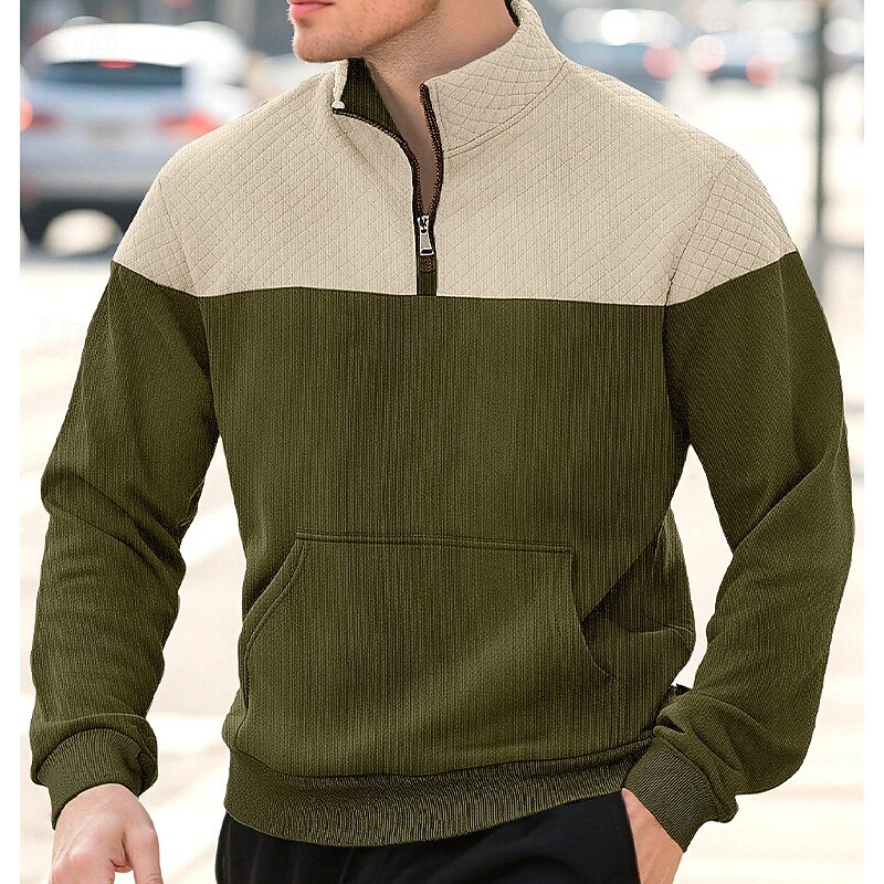 Men's Sweatshirt Waffle Sweatshirt Pullover Hoodie Sweatshirt Pullover Quarter Zip Sweatshirt Army Green Navy Blue Khaki Gray Standing Collar Plain Patchwork Color Block Sports & Outdoor Casual Daily2