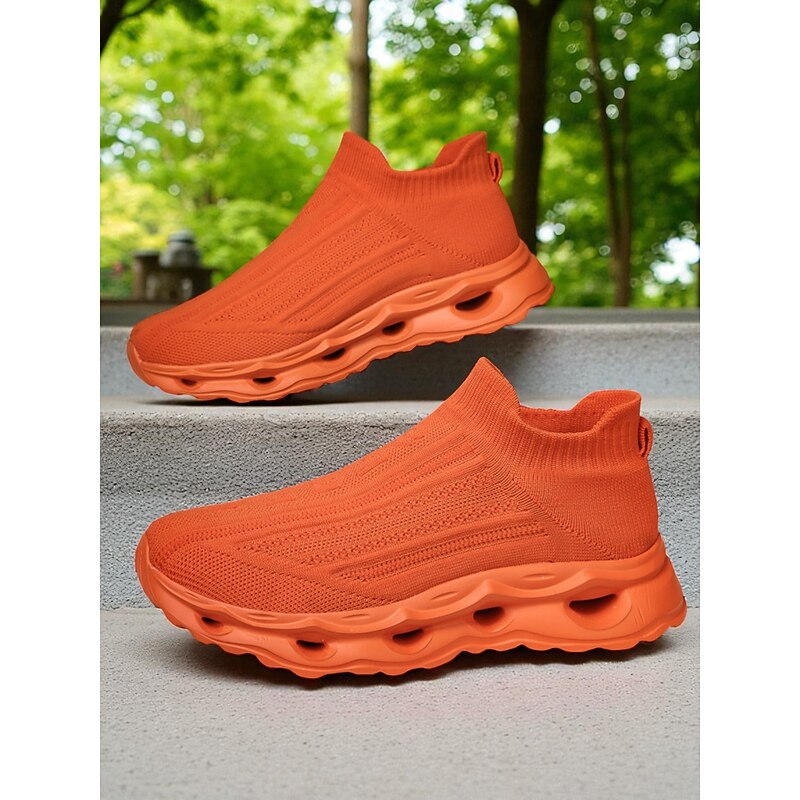 Women's Orange Flyknit Slip-On Sneakers with Air-Cushioned Soles – Sporty & Comfortable Style for  Urban Walks, Gym Workouts & Casual Outings3