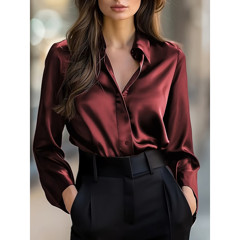 Women's Shirt Dressy Tops Formal Work Shirt Solid Color Elegant Stylish Basic Long Sleeve Collar Party Evening Wear Date Night Outfits Black Red Navy Blue Purple Brown Spring Spring Fall Winter2