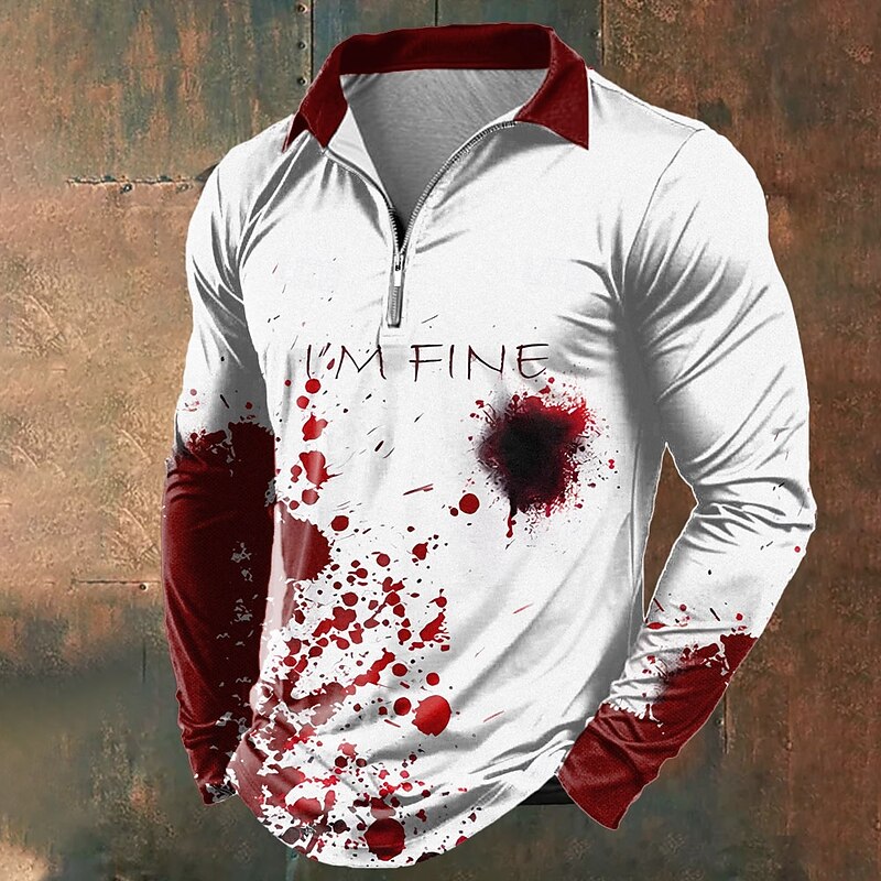 Halloween Men's Blood Splatter Zip Polo Shirts Long Sleeve Polo Shirts Lapel Casual Horror Dark Outdoor Festival Outfit 3D Print Spring Fall Winter Red Blue Purple