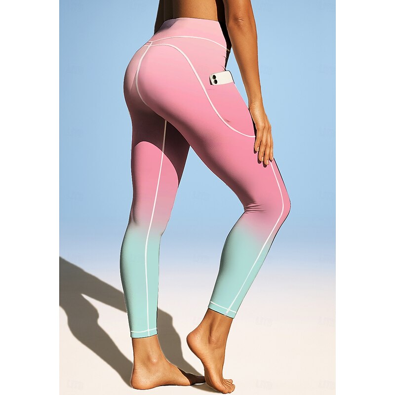 Women's pilates leggings fitness pants Gym Leggings Pockets Stamp Duty Side Pockets Pilates Gym Gym Workout Pants Tights Leggings Graphic Color Gradient Abstract Pink Sports Activewear High Elasticity