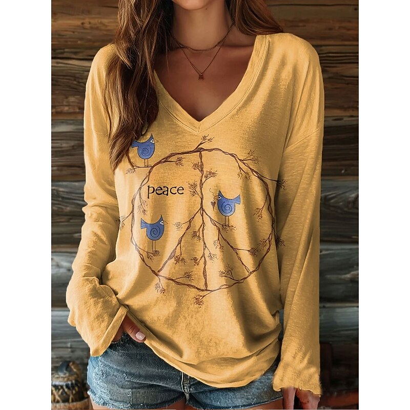 Women's T shirt Long Sleeve Graphic Letter Vintage Stylish Classic Long Sleeve V Neck Regular Tops Daily Weekend Print Yellow Pink Brown Green Spring Fall Prefall2