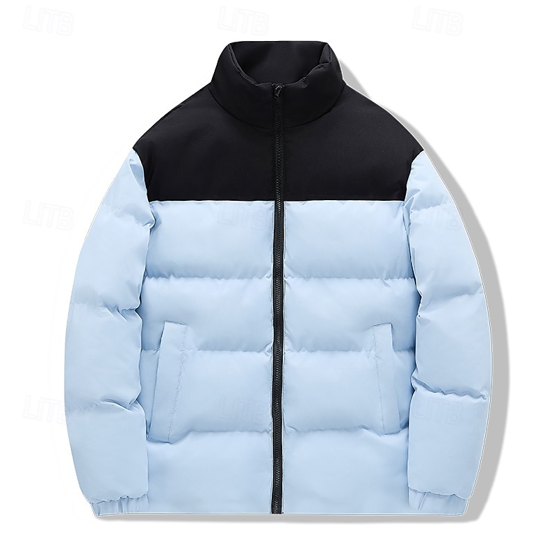 Men's Puffer Jacket Casual Jacket Padded Outdoor Vacation Warm Zipper Pocket Fall Winter Plain Fashion Streetwear Standing Collar Regular Black Sky Blue Army Green Beige Jacket3