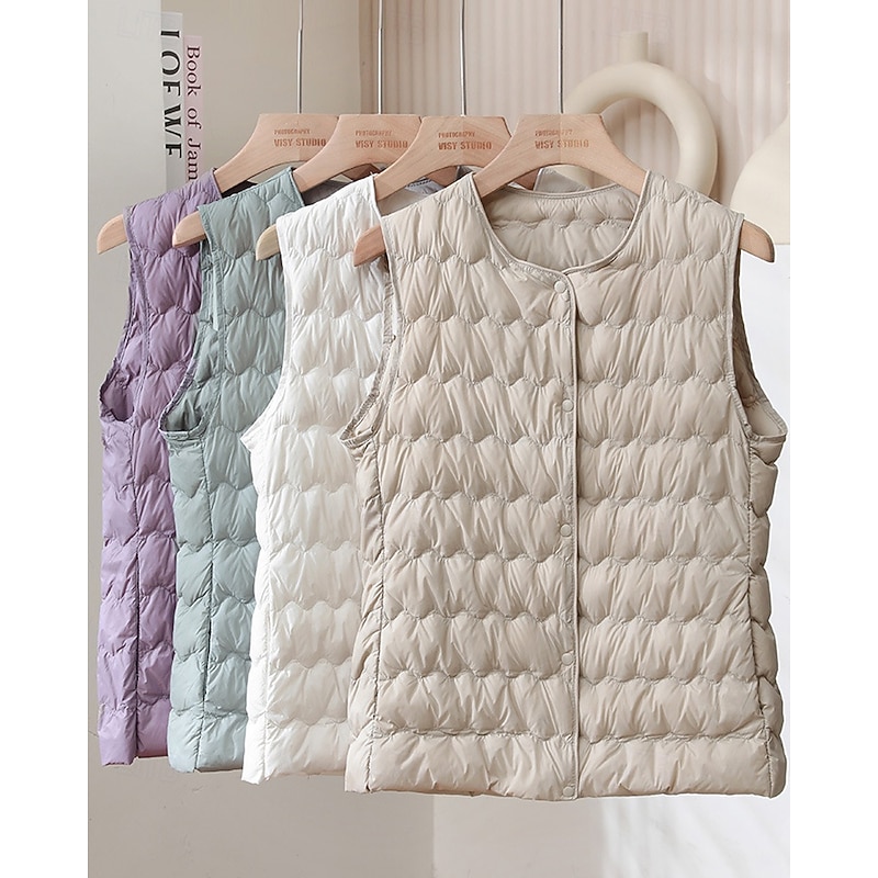 Women's Vest Warm Comfortable Buttons Casual Plain Holiday Going out Single Breasted Regular Crewneck Regular Fit Sleeveless Outerwear Light Pink Light Blue White Fall Winter