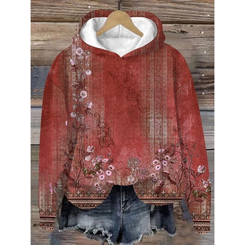 Women's Pullover Hoodie Sweatshirt Floral Streetwear Casual Long Sleeve Hooded Regular Tops Street Holiday Pocket Print Wine Green Fall Winter3