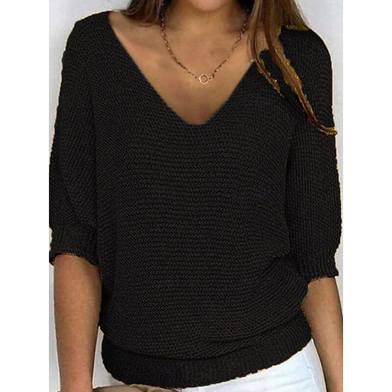 Women's Sweater Pullover Daily Stylish Casual Solid Color Ribbed V Neck Knitted 3/4 Length Sleeve Regular Tops Knit Outdoor Daily Black Light Green Summer Spring4