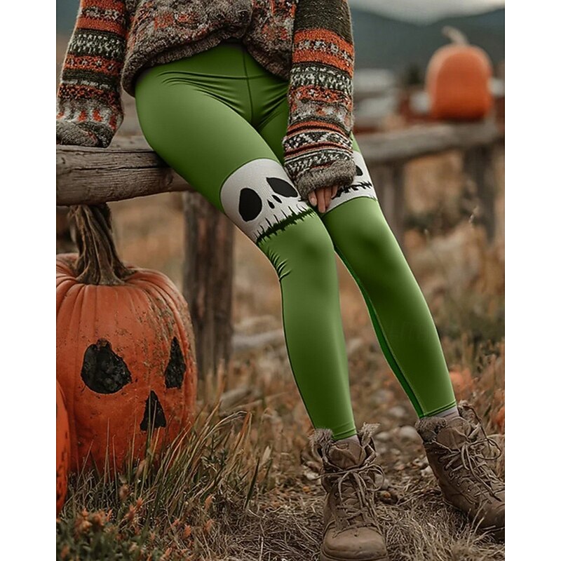 Women's Pants Trousers Leggings Cozy Leggings Streetwear Casual Full Length High WaistPantsHalloween Skull Elastic Waist Print Breathability Comfortable Stretchy Vacation Street Daily Wear Yellow2