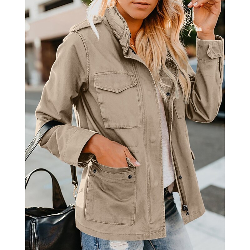 Women's Hoodie Jacket Warm Comfortable Zipper Pocket Casual Plain Vacation Daily Zipper Regular Turndown Regular Fit Long Sleeve Outerwear Black Khaki Army Green Fall Winter4